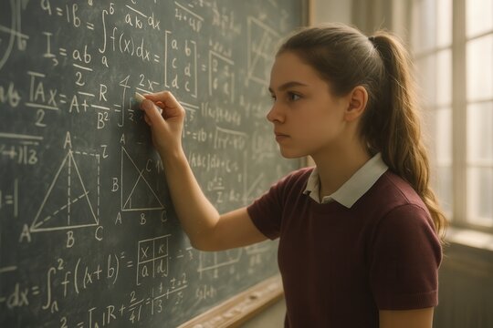 Focused teenage student solving advanced mathematics on a giant chalkboard filled with dense equations symbols and diagrams in a sunlit classroom