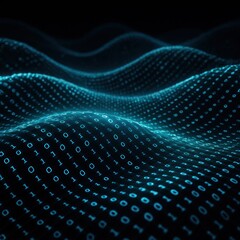 Obraz premium Flowing waves of binary code and luminous data streams over black background cyber ocean information technology visualization high detail 8k render