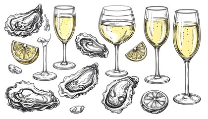 Hand-drawn illustration of oysters and wine glasses
