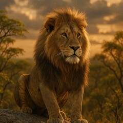Obraz premium Regal male lion on sunlit kopje rock framed by acacia trees savannah backdrop wildlife portrait with piercing amber eyes and windswept mane