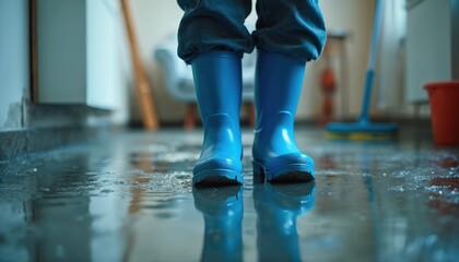 Person wearing blue rubber boots stands on flooded floor. Water damage cleanup in progress with mop and bucket visible. Home restoration after disaster, wet property requires urgent repair services.