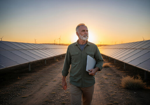 Senior Man Walking Through Solar Panel Field at Sunset, Renewable Energy, Sustainable Future.