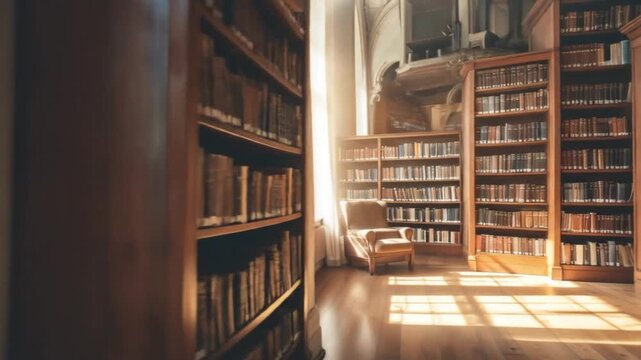 Sunlit Brown Interior of Empty Library with Wooden Bookshelves and Armchair In Sunny Day With Books Arranged In Rows, Warm Light On Floor