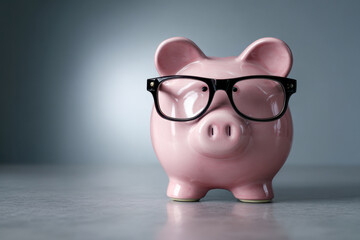 Pink piggy bank wearing stylish black eyeglasses sitting on a smooth surface symbolizing smart financial planning and savings concepts on gray background