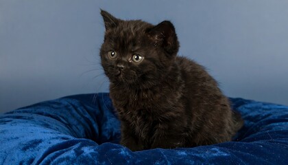 Adorable black kitten sitting on a blue cushion