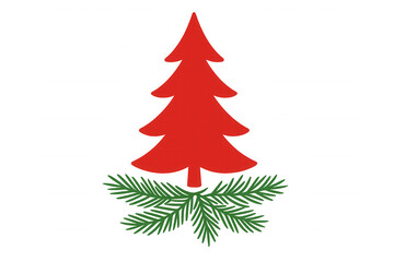 Fototapeta premium Red christmas tree silhouette with green pine branch on transparent background for festive decoration and holiday design