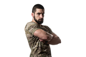 Portrait of Soldier Arms Crossed on White Background