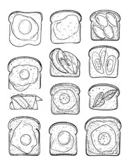 Hand-drawn variety of breakfast toast