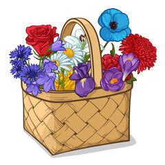 Wicker basket with flowers. Vector illustration of flowers in a basket.