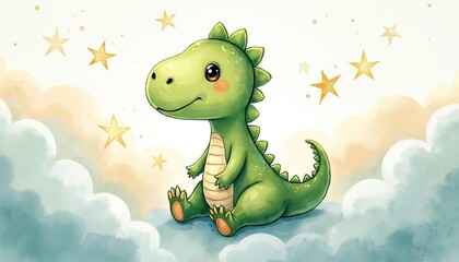 Fototapeta premium Cute green baby dinosaur illustration sits on clouds among stars. Hand-drawn watercolor artwork perfect for children room decor, baby shower invitations, posters, kids goods design. Features charming