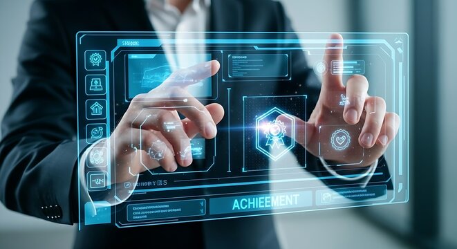 Training gamification concept. An employee completes a training module on a holographic interface and receives a glowing digital badge for their achievement.