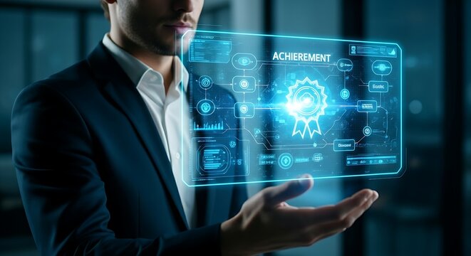 Training gamification concept. An employee completes a training module on a holographic interface and receives a glowing digital badge for their achievement.