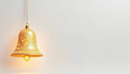 Obraz premium Hanging golden Christmas bell glowing with soft light on clean background