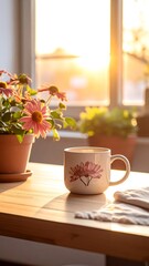 Fototapeta premium Sunrise, flowers, and coffee