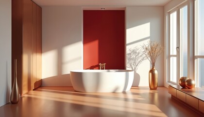 Fototapeta premium Modern bathroom interior features freestanding white bathtub against vibrant red accent wall. Sunlight streams through large windows, casting shadows on warm-toned floor. Minimalist design includes