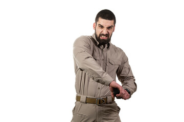 Young Man Holding a Bomb on White Background