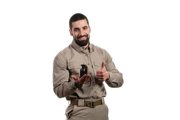 Man Showing Thumbs Up and Holding a Bomb