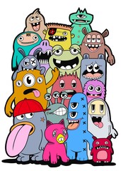 Hand-drawn illustrations, monsters doodle, Hand Drawn cartoon monster illustration,Cartoon crowd doodle hand-drawn Doodle style.