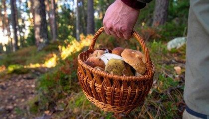 Person holding basket of mushrooms in forest