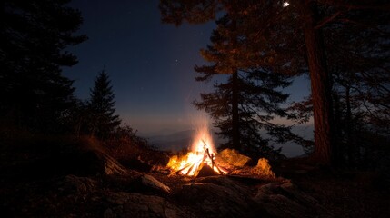Wilderness campsite at dusk with a glowing fire under a starry night sky, evoking outdoor adventure.