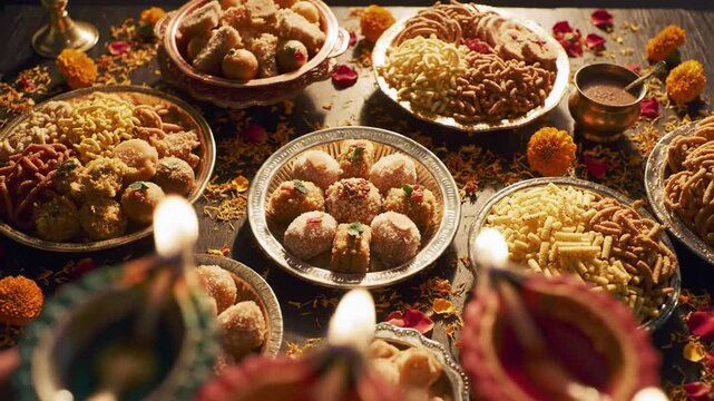 Festive Indian Sweets and Snacks Assortment with Diya Lights.