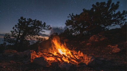 Wilderness campsite at dusk with a glowing fire under a starry night sky, evoking outdoor adventure.