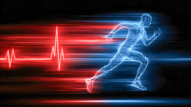 Futuristic digital illustration of a glowing human figure running with vibrant blue and red light trails symbolizing speed and heartbeat energy in motion