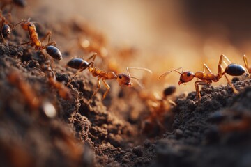 Red ants diligently marching on textured brown soil ground under warm daylight close up