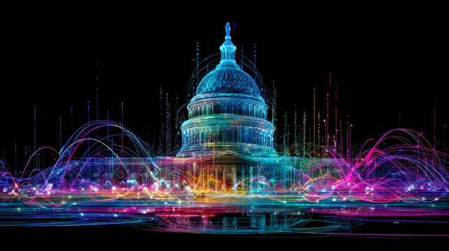 Neon-inspired digital art of a government building with colorful light trails