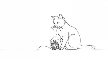 Fototapeta premium Line art cat playing with yarn ball in minimalist style on white background, creative concept