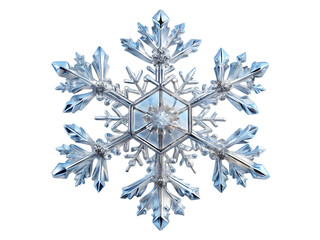 Intricate clear ice snowflake with hexagonal center and six pointed arms cutout png isolated on a transparent background