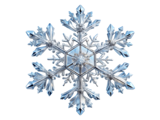 Intricate clear ice snowflake with hexagonal center and six pointed arms cutout png isolated on a transparent background