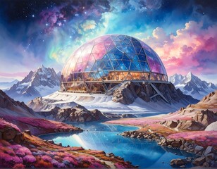Futuristic geodesic dome nestled in a mountain landscape reflecting a vibrant sky