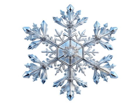 Intricate clear ice snowflake with hexagonal center and six pointed arms cutout png isolated on a transparent background
