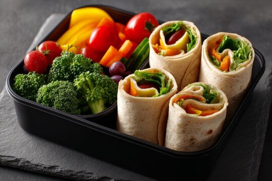 Healthy bento lunchbox with vegetable wraps, fresh broccoli, cherry tomatoes, and colorful vegetables - Powered by Adobe