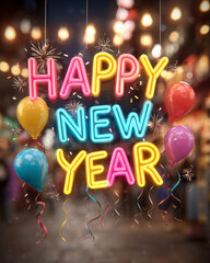 Neon happy new year sign with balloons and confetti