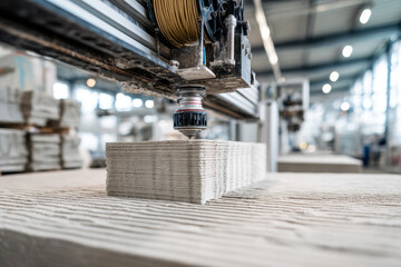 Industrial 3d printer creating a detailed layered object using advanced additive manufacturing technology in a spacious modern factory environment