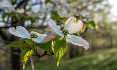 Close-up of Dogwood blossoms. Soft sunlight illuminates delicate white flowers with hints of pink
