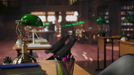 Old fashioned library space with historic charm and beautiful decorations, study desks creating vintage aesthetics. Sophisticated and peaceful environment for learning and wisdom.