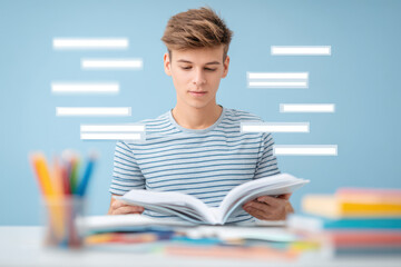 student holds open textbook against clean ultrabright solid color background creating striking visual