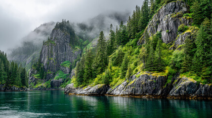 Scenic view of a serene lake surrounded by towering rocky mountains covered in lush evergreen trees with mist rolling over the peaks on a cloudy day