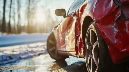 Damaged red car in winter scene after traffic accident at sunrise