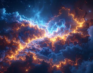 Fiery, glowing clouds in a starry night sky