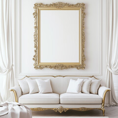 Elegant living room showcasing a golden ornate frame and sofa
