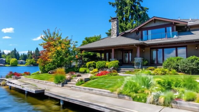 Lakeside Residence With Verdant Landscaping Under Bright Sky Daytime Exterior Stone Chimney And Landscaping In Full Bloom Tranquil Waterfront