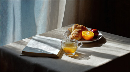 beautiful morning routine unfolds with warm cup of tea resting on table by window