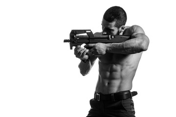 Bodybuilder Man Holding Gun Isolated on White Background