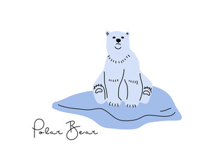 Polar Bear sitting on ice floe or snow. Flat vector illustrations of North animal with inscription. Adult polar bears. Wild animal of Arctic Circle. Arctic white north animal.