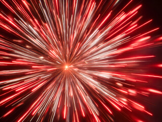 Vibrant red and white fireworks exploding against a dark night sky creating dynamic streaks of light bursting outward in a festive celebration scene