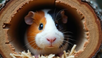 Adorable guinea pig peeks from cozy log hideaway. Small furry rodent with tri-color fur cute expression, big eyes, sensitive whiskers. Safe, warm, natural habitat promotes comfort, curiosity,